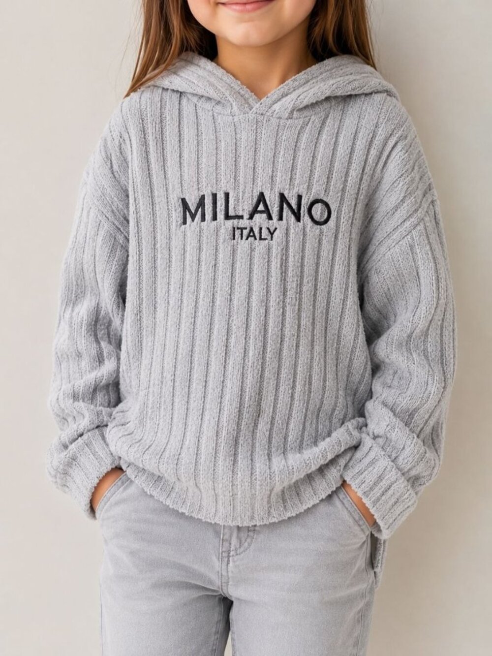 Kids Gray Hooded Sweater Size 6Y Milano Italy Ribbed Long Sleeve Soft Poly